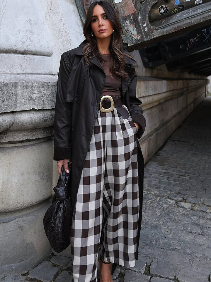 Damen Karo-Hochtaillierte Palazzo-Hose mit weitem Bein & Bundfalten Drune