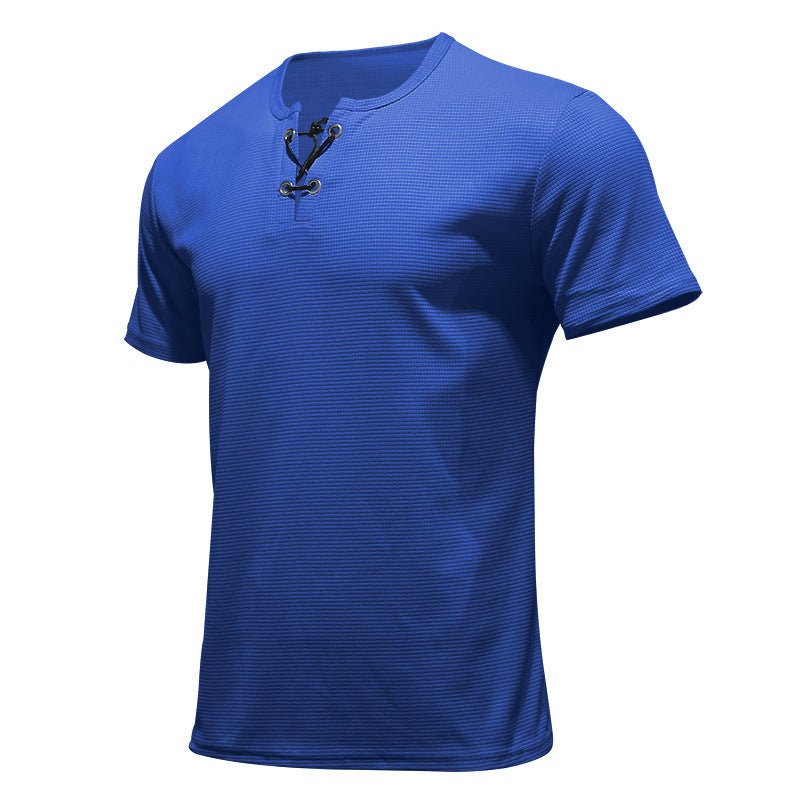 Herren nan Kurzarmshirt mit Schnürkragen, Metallösen und feinem Strukturjersey Drune