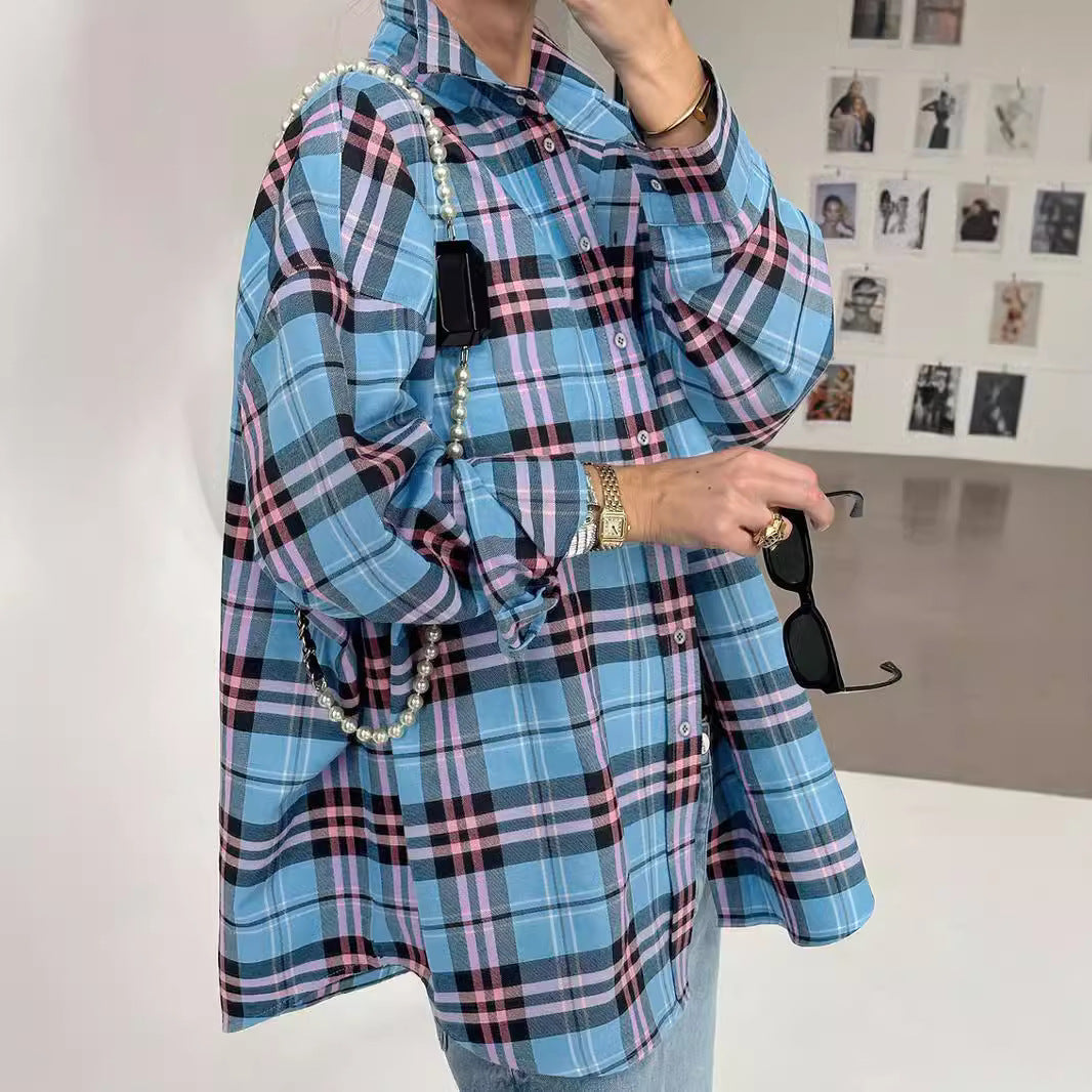 Damen Oversized Kariertes Hemd Drune