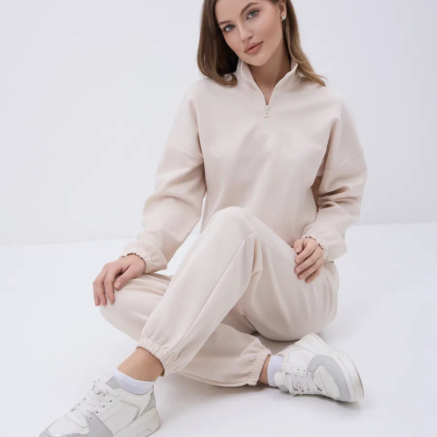 Damen weiches Lounge-Set mit halbem Reißverschluss, Kordelzughose und elastischen Bündchen Drune