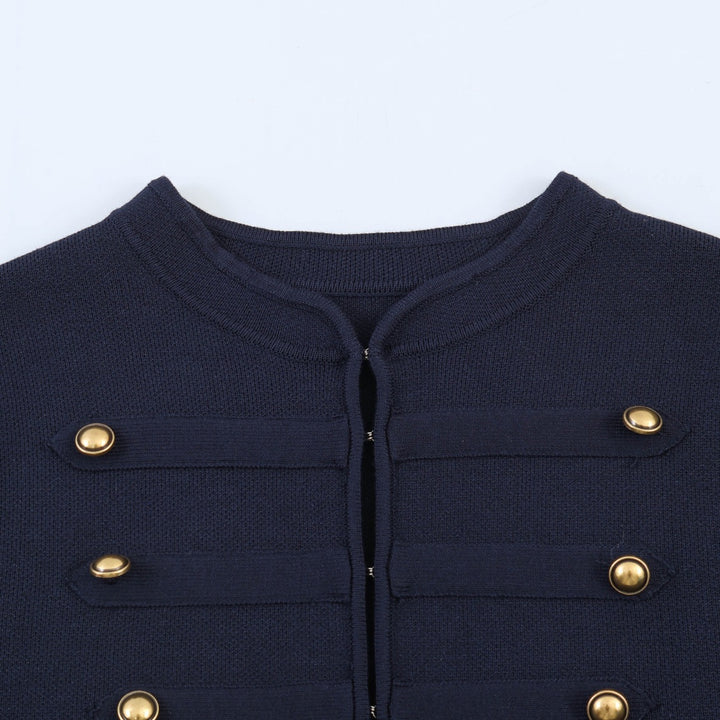 Damen Gekürzte Militärblazer‑Jacke mit Stehkragen, dekorativen Zierriegeln und Goldknöpfen Drune