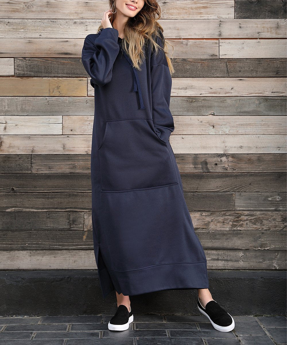 Damen nan langes Kapuzen-Sweatkleid mit Kängurutasche, Seitenschlitzen und lockerer Oversize-Passform Drune