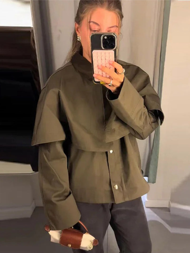 Damen Kurztrenchjacke mit Cape-Overlay und Oversize-Ärmeln Drune