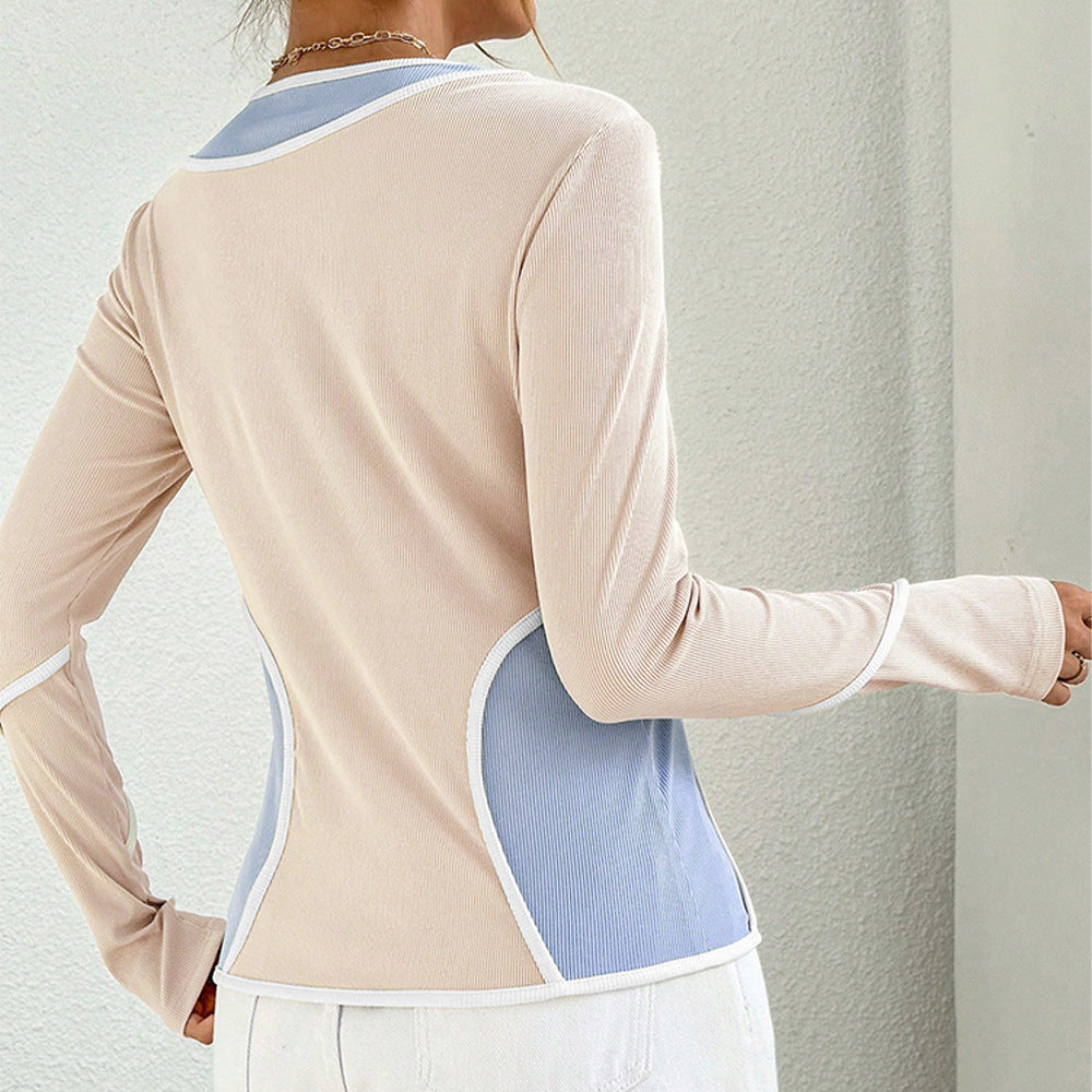 Damen figurbetontes Colorblock-Longsleeve mit Rundhalsausschnitt geschwungener Seitenpaneel‑Optik und feiner Rippstruktur Drune