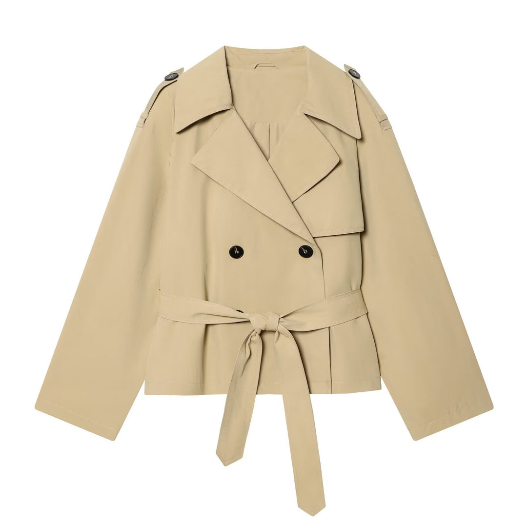 Damen Kurz geschnittener Trenchcoat mit Taillengürtel und Schulterklappen Drune