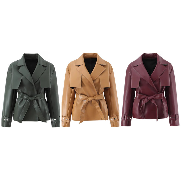 Damen Kurz geschnittener Kunstleder-Trenchcoat mit Taillengürtel Drune