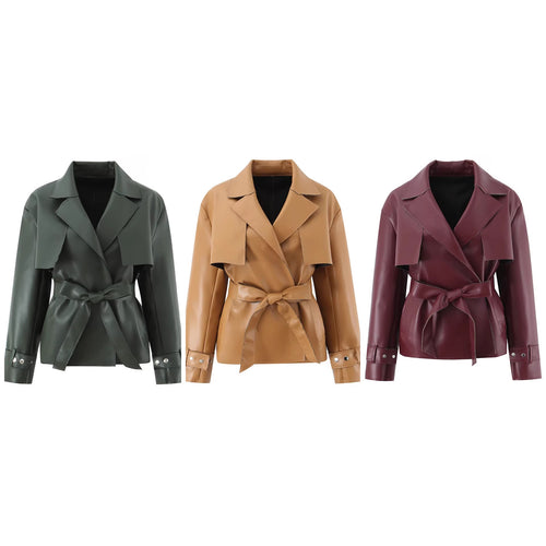Damen Kurz geschnittener Kunstleder-Trenchcoat mit Taillengürtel Drune