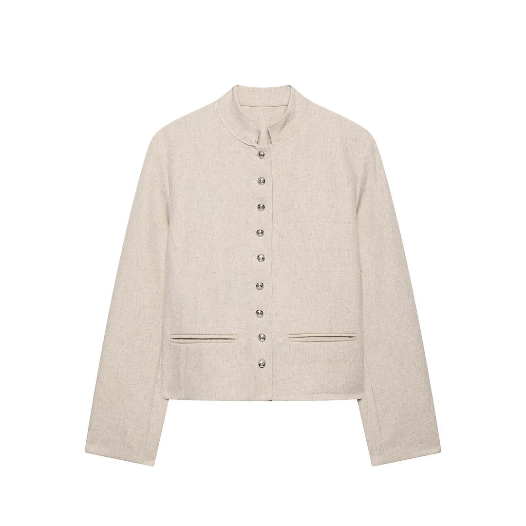 Damen Kurzjacke mit Stehkragen, Zierknopfleiste und Paspeltaschen Drune