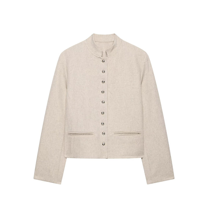 Damen Kurzjacke mit Stehkragen, Zierknopfleiste und Paspeltaschen Drune