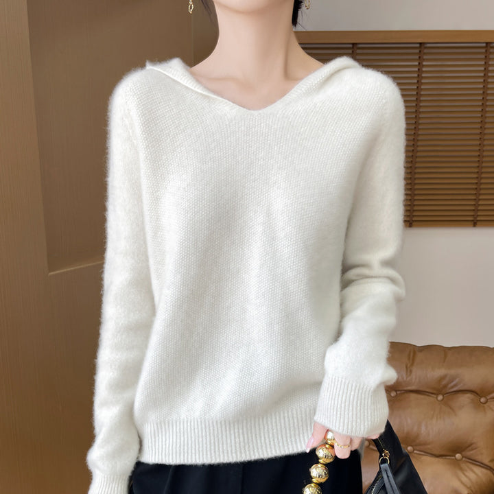 Damen Weicher Mohair‑Optik Kapuzenpullover mit V‑Ausschnitt und geripptem Saum Drune