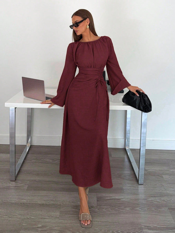 Damen Maxikleid mit geraffter Taillen-Schnürung, weiten Ärmeln und fließendem Rock Drune