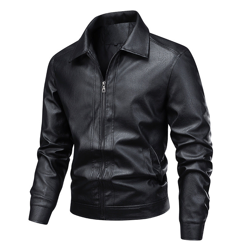 Herren Slim-Fit Kunstleder-Fliegerjacke mit Hemdkragen und Reißverschluss Drune