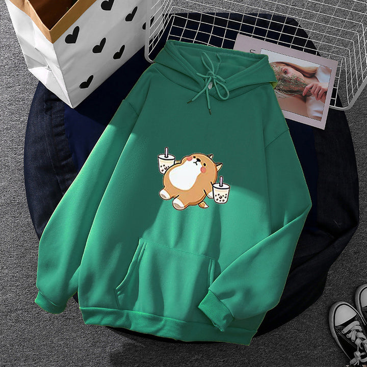 Damen nan niedlicher Kapuzenpullover mit Kängurutasche, oversized Schnitt und Bubble‑Tea Corgi-Print Drune