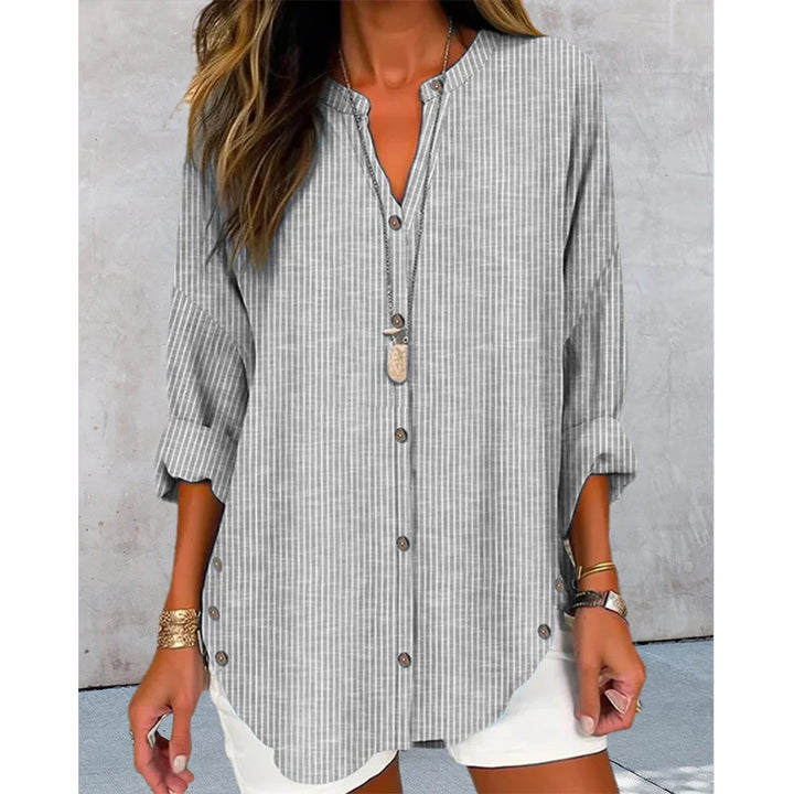 Damen Oversize Leinenlook Tunika Bluse mit Stehkragen und Knopfleiste Drune