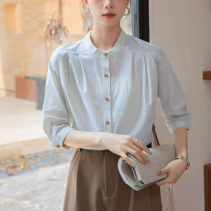 Damen Elegante gestreifte Bluse mit traditionellem Stehkragen Drune