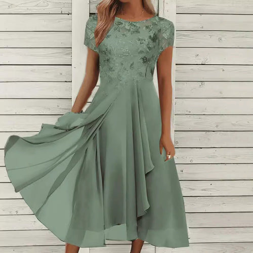 Damen nan elegantes Chiffon-Midikleid mit floraler Spitzenapplikation und fließendem Tellerrock Drune