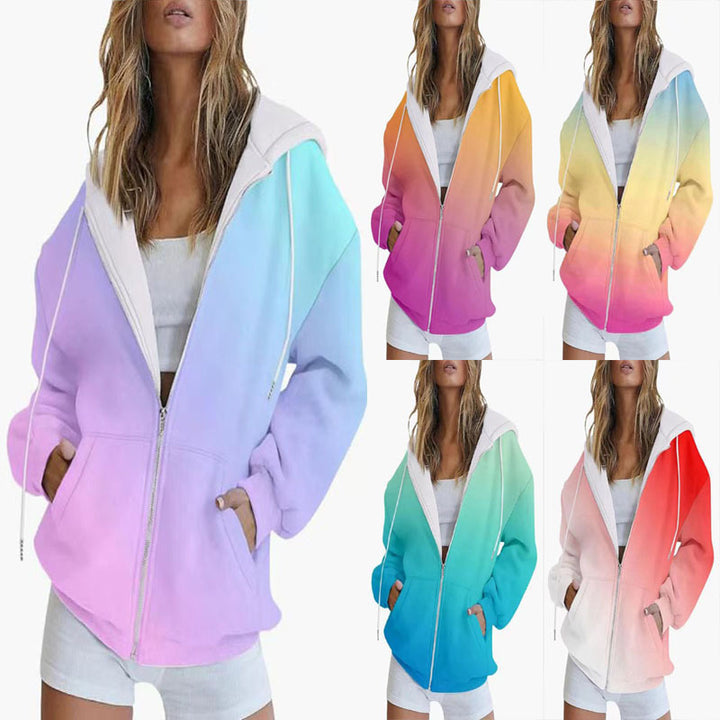 Damen Oversize-Kapuzenjacke mit Farbverlauf, Reißverschluss und Kängurutaschen Drune