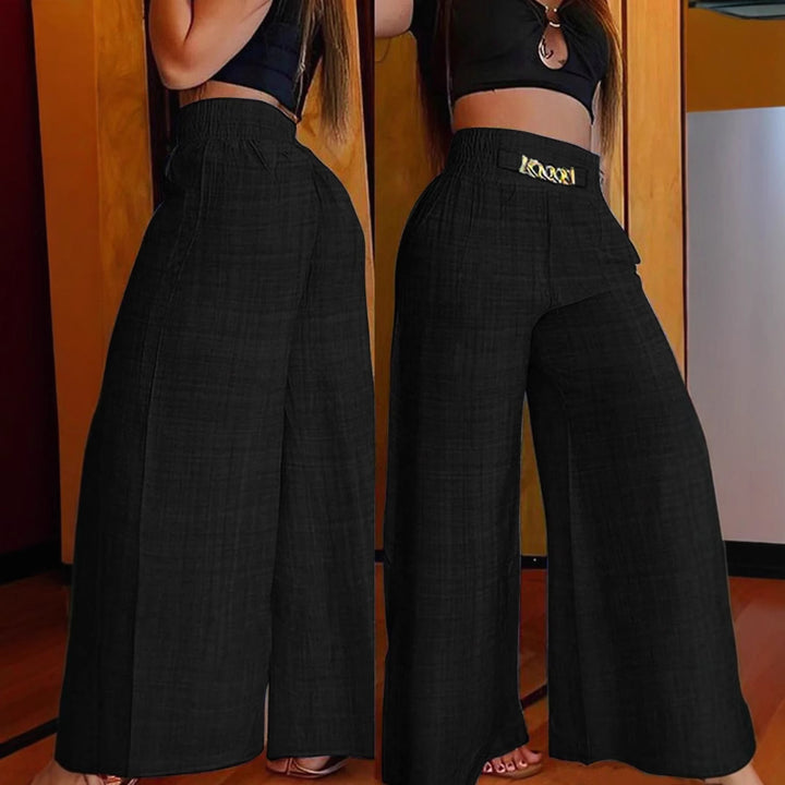 Damen Weite Leinenoptik-Hose mit hohem Smokbund und dekorativer Kettenapplikation Drune