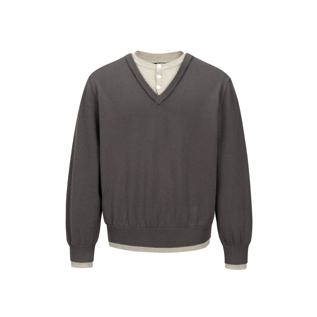 Herren V‑Neck Feinstrickpullover mit integriertem Henley‑Detail und elastischem Bund Drune