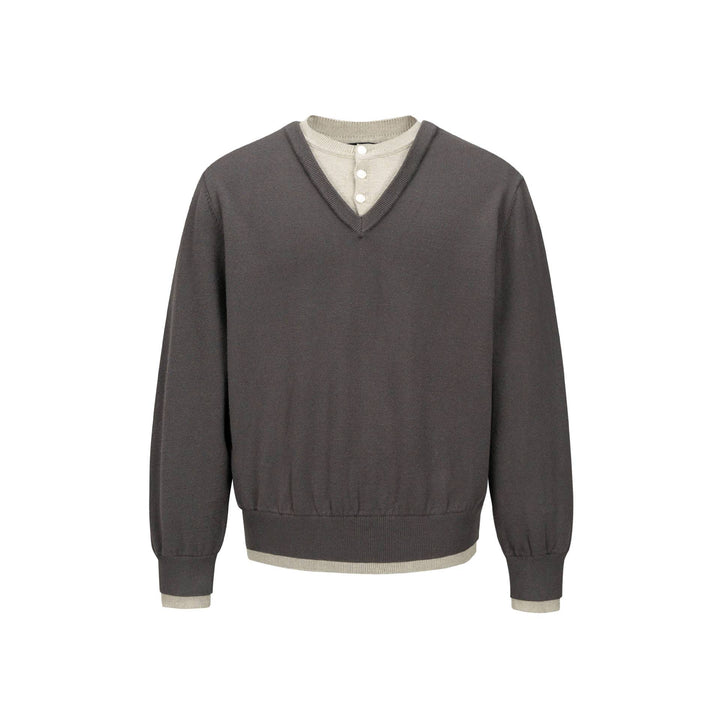 Herren V‑Neck Feinstrickpullover mit integriertem Henley‑Detail und elastischem Bund Drune