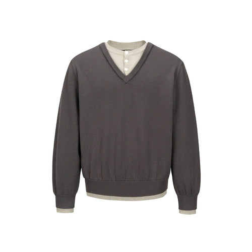 Herren V‑Neck Feinstrickpullover mit integriertem Henley‑Detail und elastischem Bund Drune