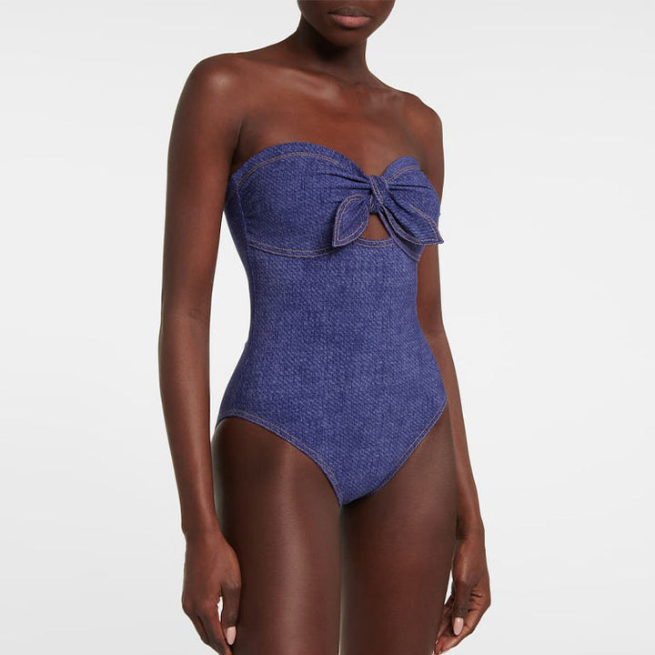 Damen Bandeau Badeanzug mit dekorativen Schleifen und gestreiftem Maxiröckchen Drune