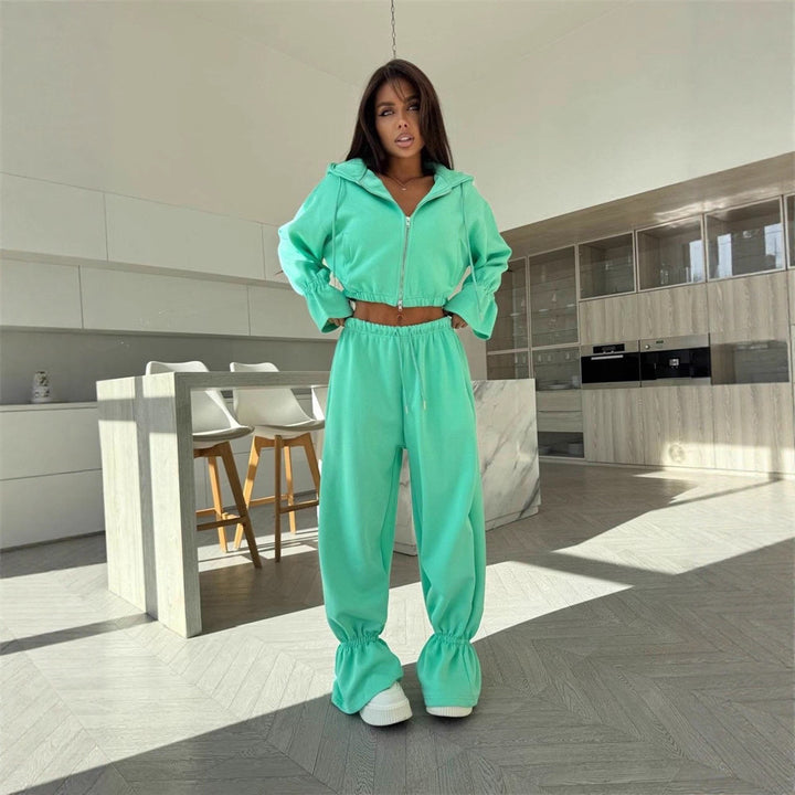 Damen Cropped-Kapuzenjacke mit Reißverschluss und taillierter Tunnelzug-Jogginghose Drune