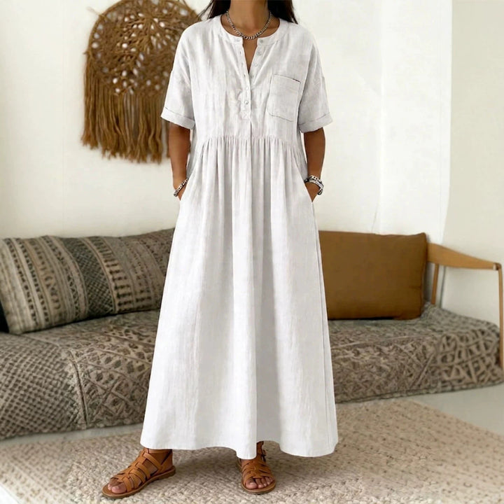 Damen Langes Boho‑Maxikleid mit Henley‑Knopfleiste, Brusttasche und seitlichen Eingrifftaschen Drune