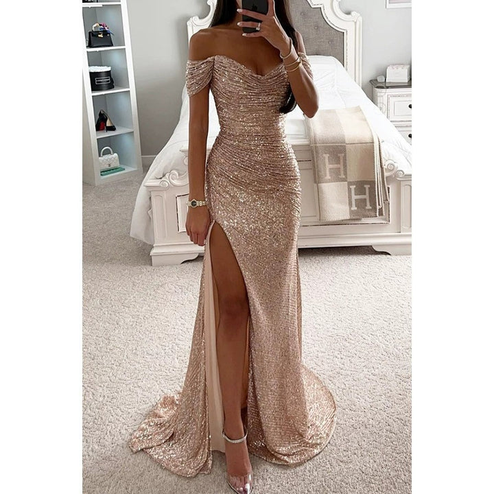 Damen Glitzerndes Off-Shoulder Abendkleid mit seitlichem Schlitz Drune