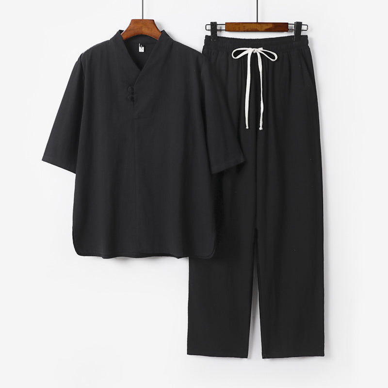 Herren Zweiteiliges Leichtes Loungewear-Set mit Stehkragen-Halbarmshirt und Kordelbund-Hose Drune