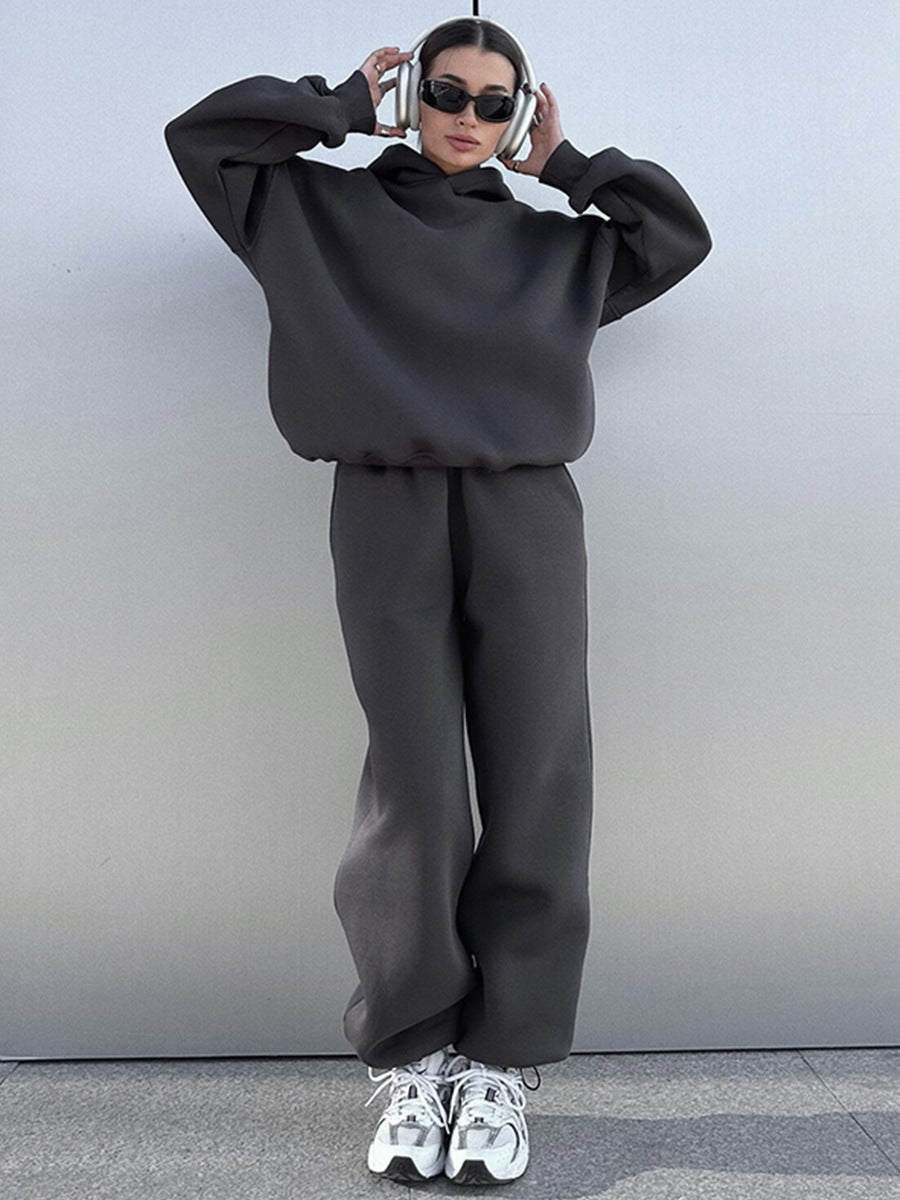 Damen urbanes Oversize-Lounge-Set mit Kapuzenpullover, locker geschnittener High-Waist-Jogginghose und passender Mütze Drune