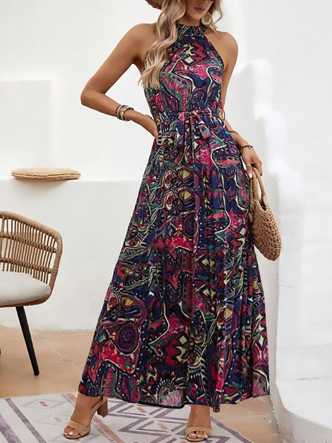 Damen Maxikleid im Boho-Stil mit elegantem Halterneck und seitlichem Bindegürtel Drune