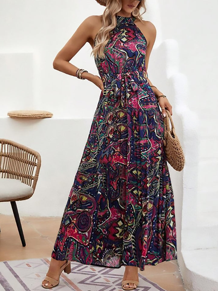 Damen Maxikleid im Boho-Stil mit elegantem Halterneck und seitlichem Bindegürtel Drune