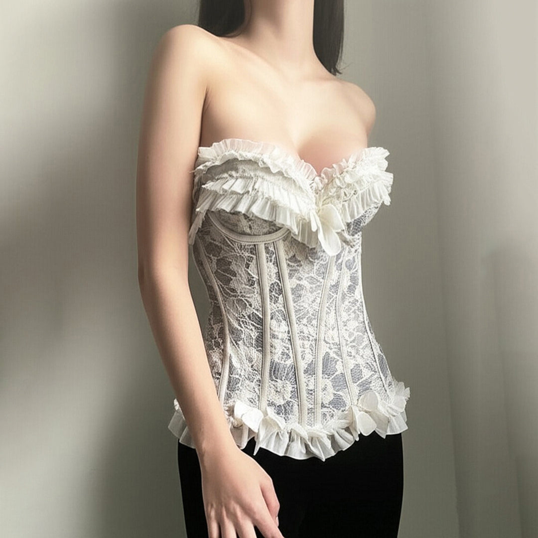 Damen Spitzen-Bustier mit Rüschendetails und Schleifen Drune