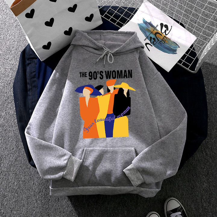 Damen nan weit geschnittener Kapuzenpullover mit Neunzigerjahre-Illustrationsprint, angerautem Fleece und Kängurutasche Drune