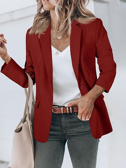 Damen Leichter Stretch-Blazer mit Schalkragen, Ein-Knopf-Verschluss und dreiviertelärmeln Drune