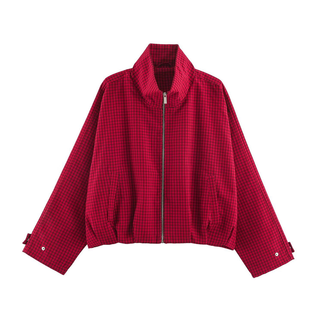 Damen Karierter Cropped-Blouson mit hohem Stehkragen, weitem Schnitt und Druckknopfmanschetten Drune