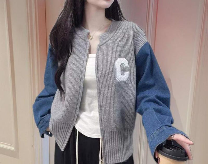 Damen Trendige Strickjacke mit Denim-Ärmeln Drune