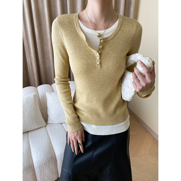 Damen Langarmshirt mit Knopfdetails und modischem V-Ausschnitt Drune