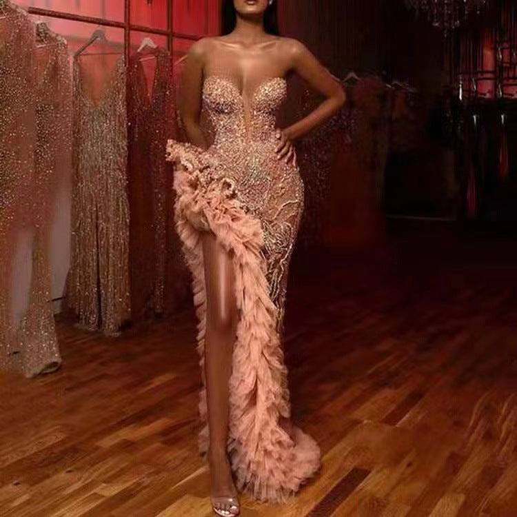 Damen Figurbetontes Abendkleid mit schimmernden Perlen und Rüschendetails Drune