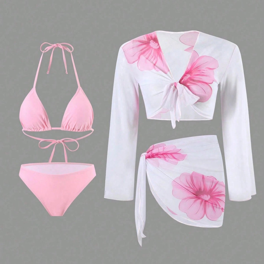 Damen Bikiniset mit floralem Wickeloberteil und hoch geschnittener Hose Drune