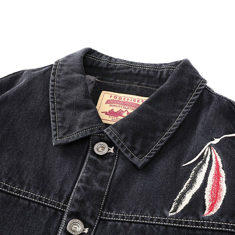 Herren Jeans-Truckerjacke mit Stickdetail und aufgesetzten Taschen Drune