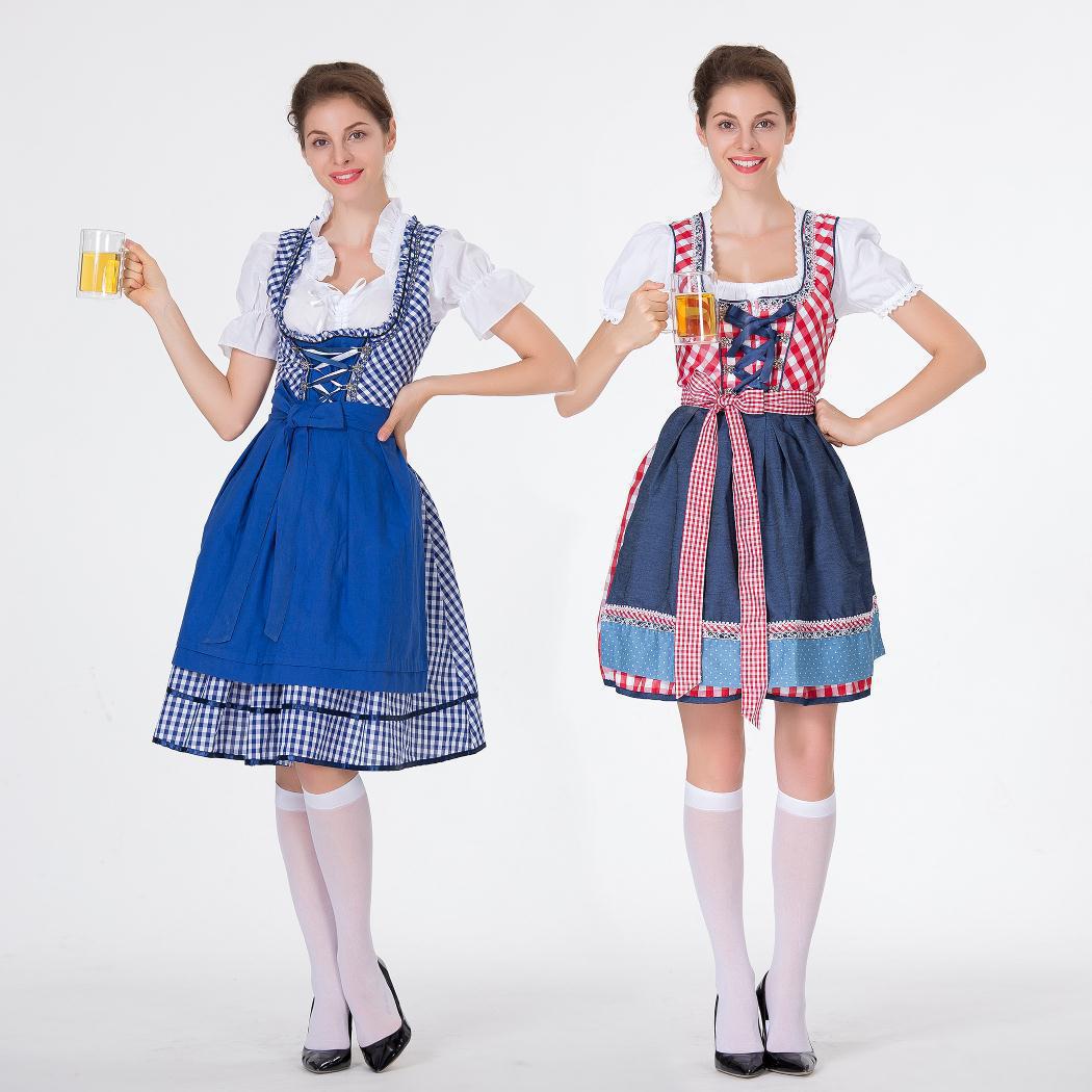 Damen nan traditionelles Trachten-Minikleid mit kariertem Schnürmieder, Puffärmelbluse und dekorativer Schürze Drune