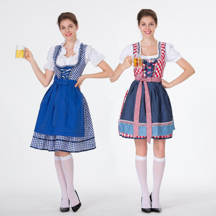 Damen nan traditionelles Trachten-Minikleid mit kariertem Schnürmieder, Puffärmelbluse und dekorativer Schürze Drune