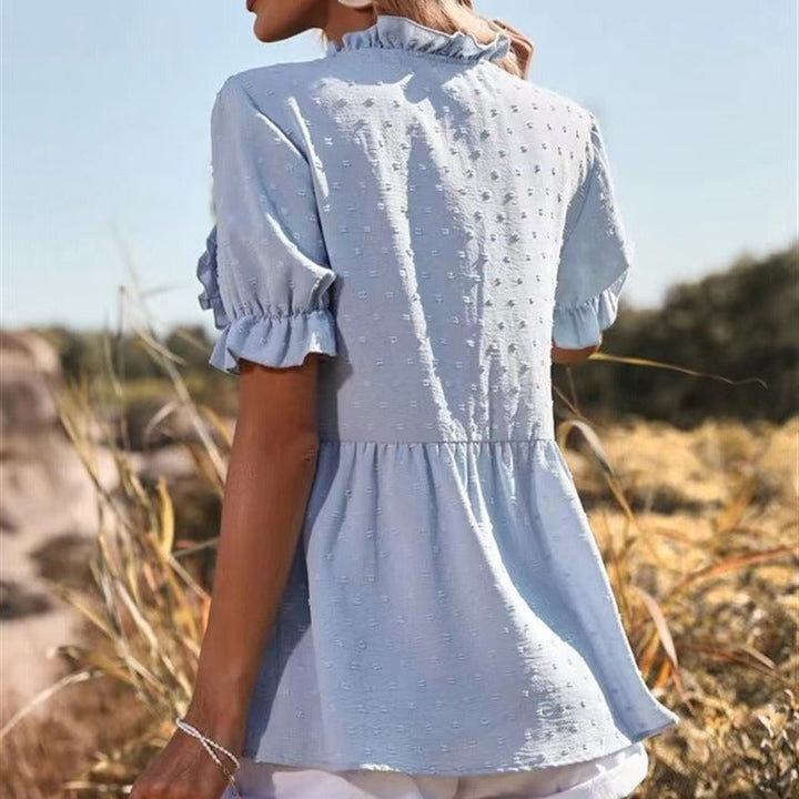 Damen luftige Bluse mit Rüschendetails und V-Ausschnitt Drune