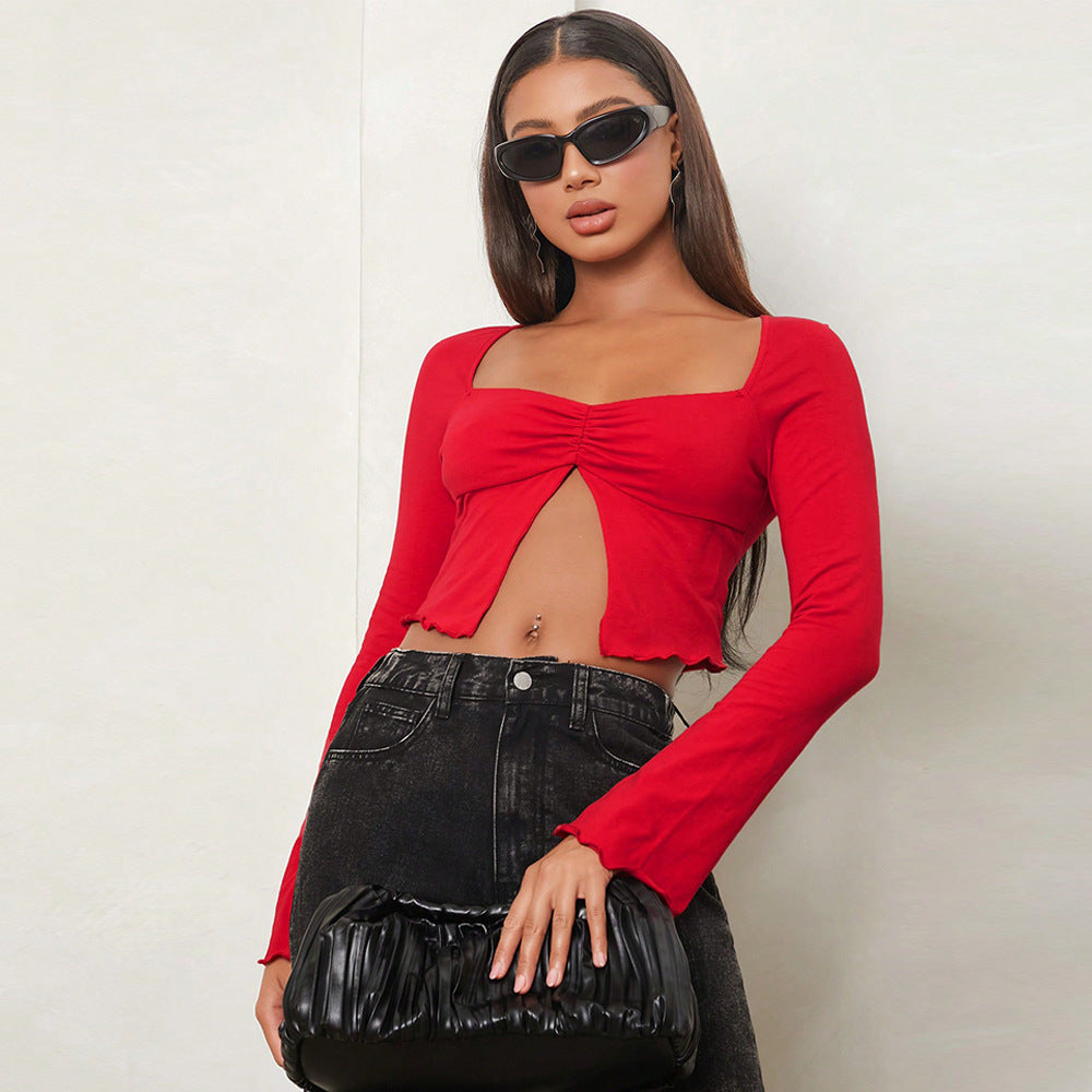 Damen Crop-Shirt mit charmanten Raffungselementen und langen Ärmeln Drune