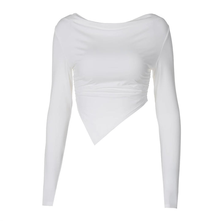 Damen nan asymmetrisches langärmeliges Cropped-Top mit drapiertem Ausschnitt, seitlicher Raffung und spitzem Saum Drune