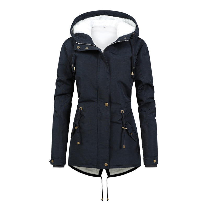 Damen Taillierter Parka mit Teddyfutter, verstellbarer Kapuze und Tunnelzug Drune