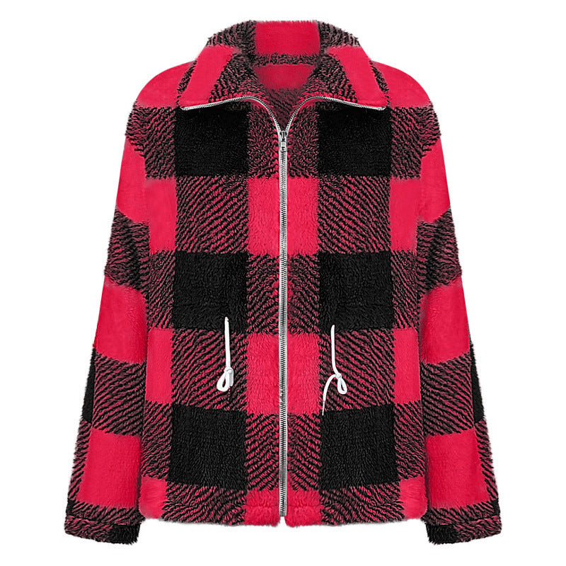 Damen kuschelige Oversize-Jacke mit kariertem Muster Drune