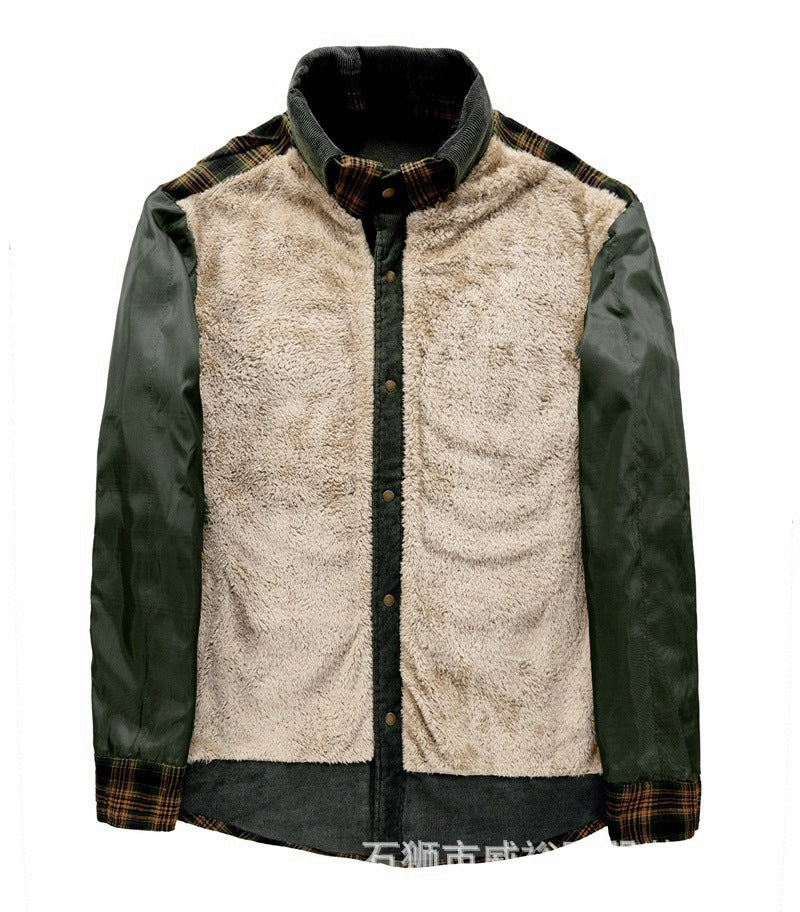 Herren Karo‑Hemdjacke mit Teddyfutter, Cord‑Schulterpasse und Multifunktionstaschen Drune